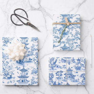 Blue Chinoiserie Pagodas Toile Geschenkpapier Set