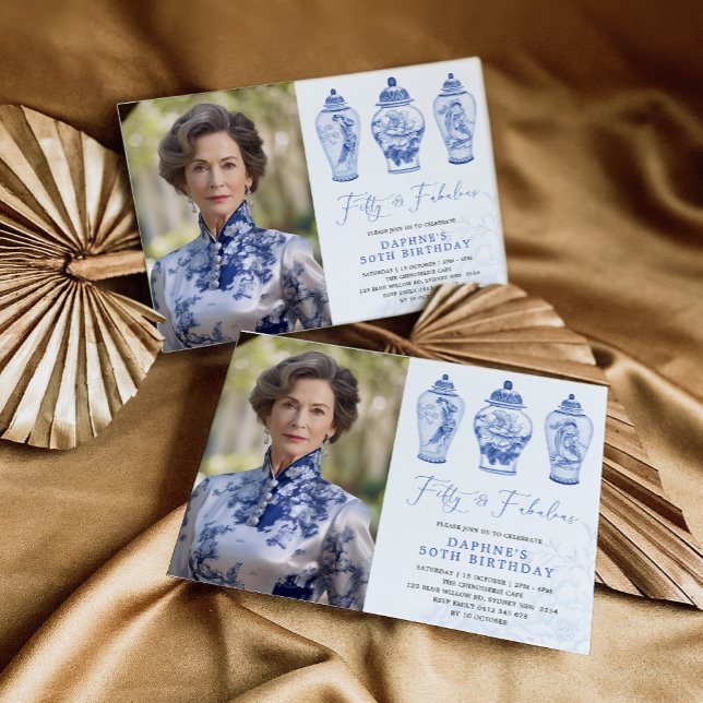 Blue Chinoiserie Porcelain 50. Geburtstag Foto Einladung (Von Creator hochgeladen)