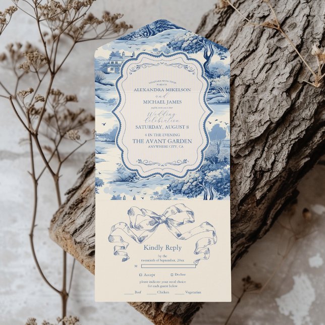 Blue Chinoiserie Porcelain Botanische Peony Weddin All In One Einladung (Von Creator hochgeladen)