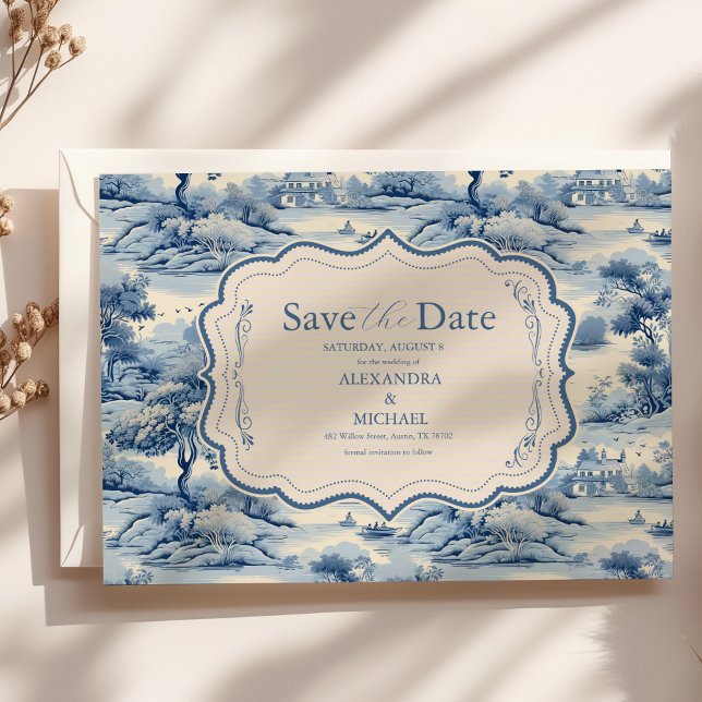 Blue Chinoiserie Porcelain Botanische Peony Weddin Save The Date (Von Creator hochgeladen)