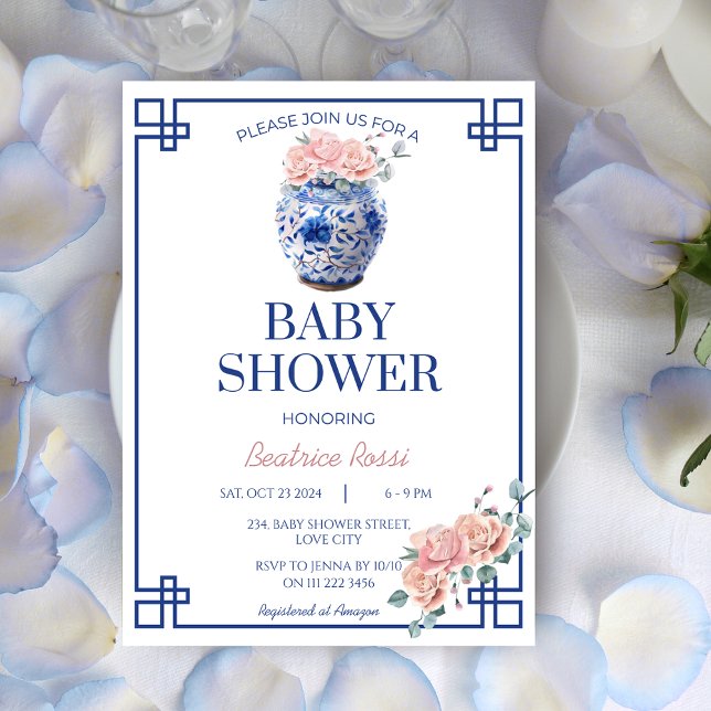 Blue Chinoiserie Preppy Ginger Jar Baby Dusche Einladung (Blue Chinoiserie Preppy Ginger Jar Baby Shower Invitation)