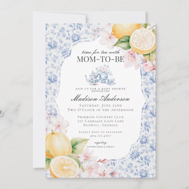 Blue Chinoiserie Tee Party Babydusche Einladung (Vorderseite)