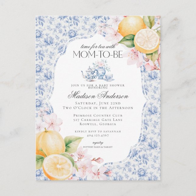 Blue Chinoiserie Tee Party Babydusche Postkarte (Vorderseite)