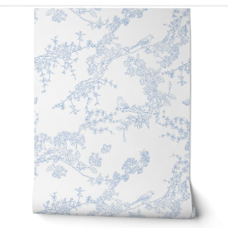 Blue Chinoiserie Toile de Jouy Birds Blumengarten Tapete