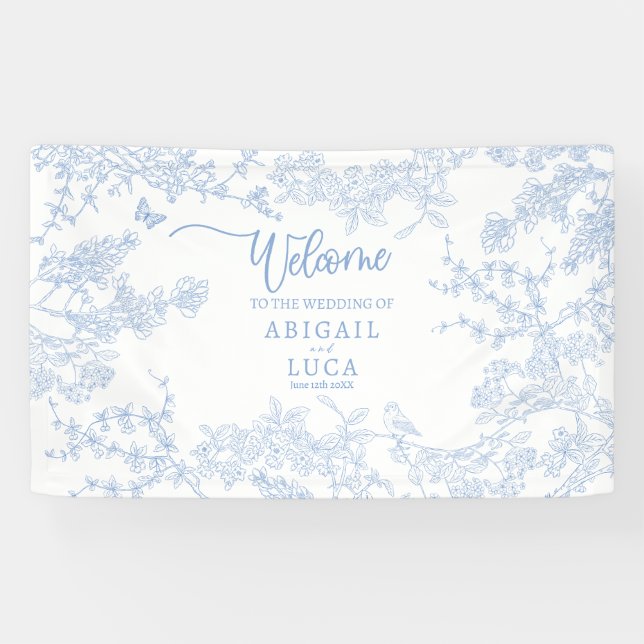 Blue Chinoiserie Toile de Jouy Wedding Banner (Horizontal)