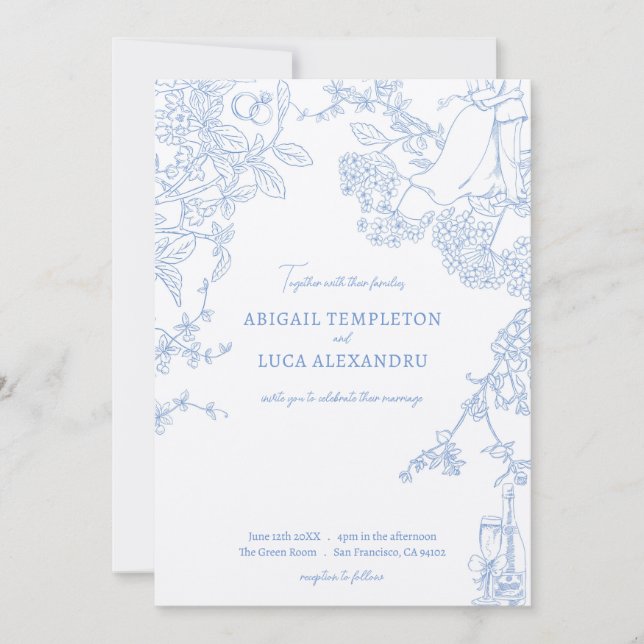 Blue Chinoiserie Toile de Jouy Wedding Einladung (Vorderseite)