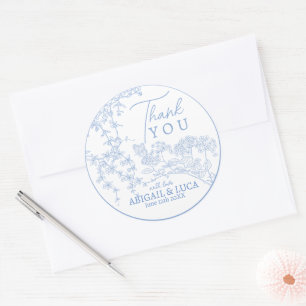 Blue Chinoiserie Toile de Jouy Wedding Programm Runder Aufkleber