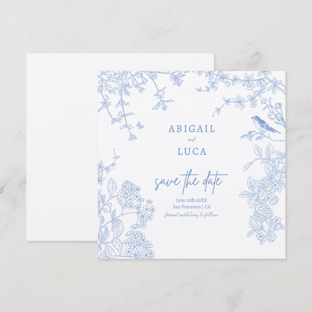 Blue Chinoiserie Toile de Jouy Wedding Rett Date Einladung (Vorne/Hinten)