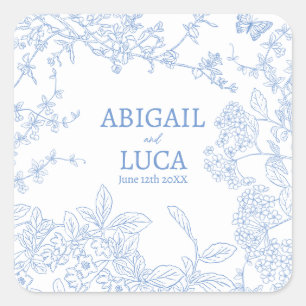 Blue Chinoiserie Toile de Jouy Wedding Rett Date Quadratischer Aufkleber