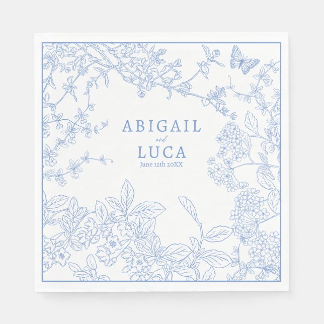 Blue Chinoiserie Toile de Jouy Wedding Rett Date Serviette (Vorderseite)