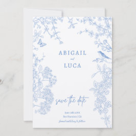 Blue Chinoiserie Toile de Jouy Wedding Rett Datum Einladung