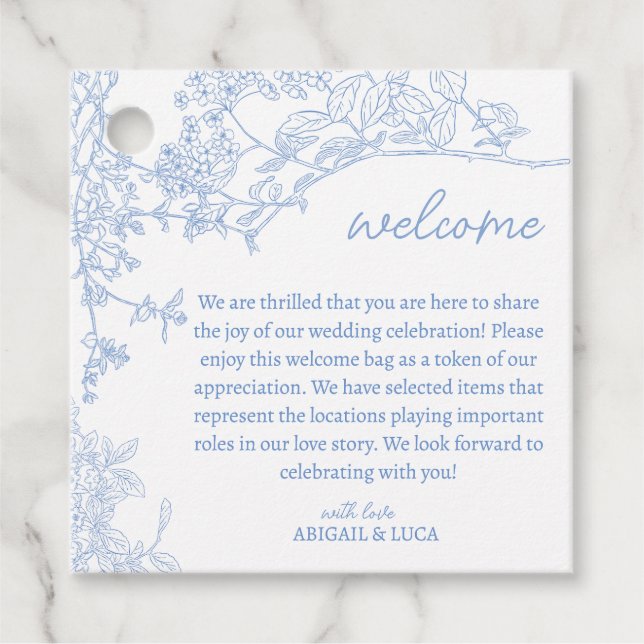 Blue Chinoiserie Toile de Jouy Wedding Willkommen Geschenkanhänger (Vorderseite)