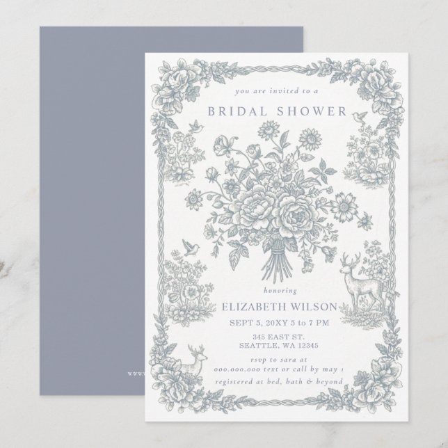 Blue Chinoiserie Toile Floral Bridal Shower Einladung (Vorne/Hinten)