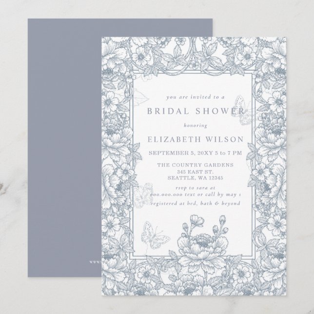 Blue Chinoiserie Toile Floral Bridal Shower Einladung (Vorne/Hinten)