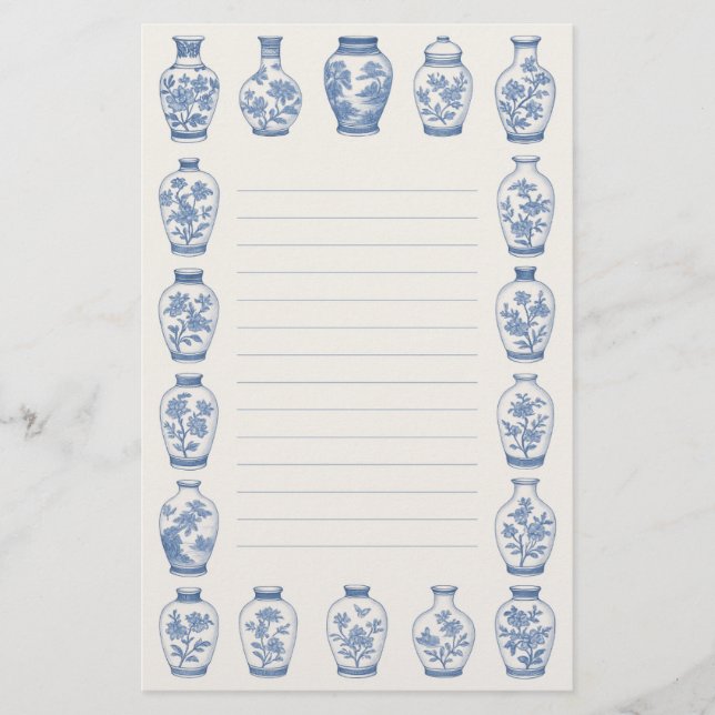 Blue Chinoiserie Vase Stationery – Elegant Lined  Briefpapier (Vorderseite)
