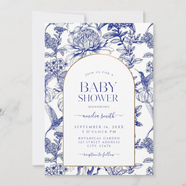 Blue Chinoiserie Victorian Floral baby shower Einladung (Vorderseite)