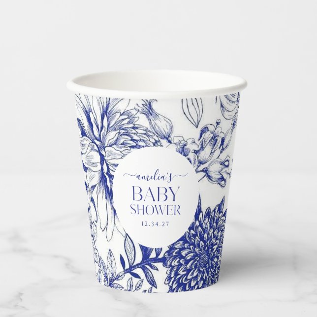 Blue Chinoiserie Victorian Floral baby shower  Pappbecher (Vorderseite)