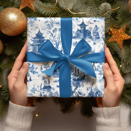 Blue Chinoiserie Village Christmas Wrapping Paper Geschenkpapier