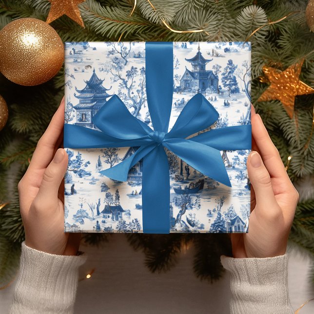 Blue Chinoiserie Village Christmas Wrapping Paper Geschenkpapier (Von Creator hochgeladen)