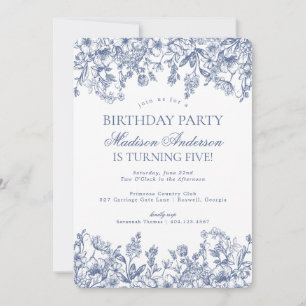 Blue Chinoiserie Vintag Floral Geburtstagsparty Einladung