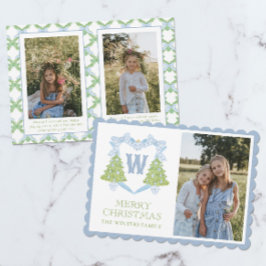 Blue Chinoiserie Weihnachtsbaum Monogram Wappen Feiertagskarte