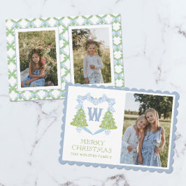 Blue Chinoiserie Weihnachtsbaum Monogram Wappen Feiertagskarte