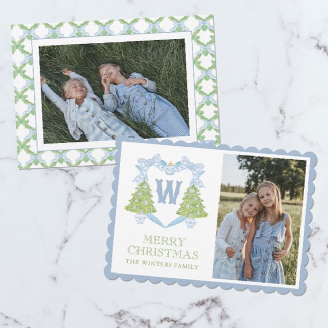 Blue Chinoiserie Weihnachtsbaum Monogram Wappen Feiertagskarte (Von Creator hochgeladen)