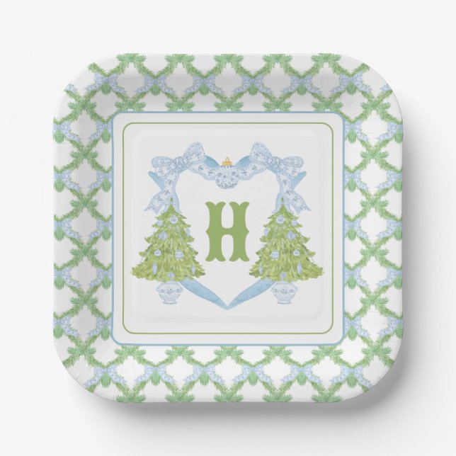 Blue Chinoiserie Weihnachtsbaum Monogram Wappen Pappteller (Vorderseite)