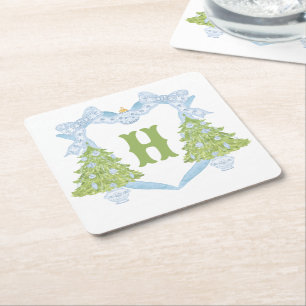 Blue Chinoiserie Weihnachtsbaum Monogram Wappen Rechteckiger Pappuntersetzer