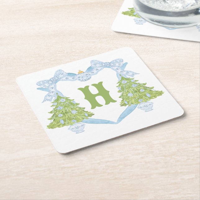 Blue Chinoiserie Weihnachtsbaum Monogram Wappen Rechteckiger Pappuntersetzer (angewinkelt)