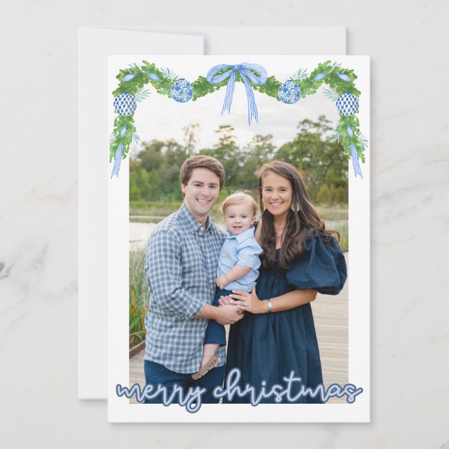 Blue Chinoserie Ornament Blue Banner Card Dankeskarte (Vorderseite)