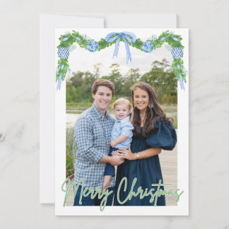 Blue Chinoserie Ornament Green Banner Card Dankeskarte