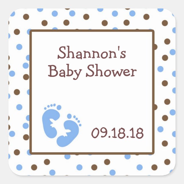 Blue & Chocolate Brown Baby Dusche mit Füßen Quadratischer Aufkleber (Vorderseite)