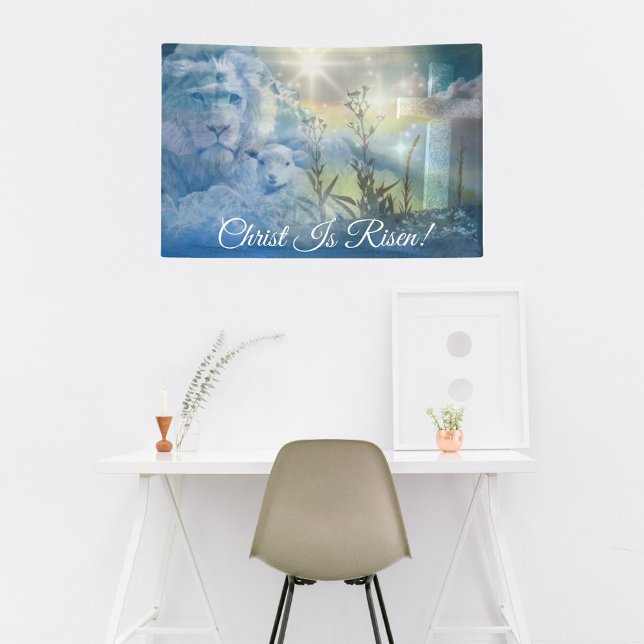 Blue Christ ist Risen Cross Lion Lamb Oaster Banner (Von Creator hochgeladen)