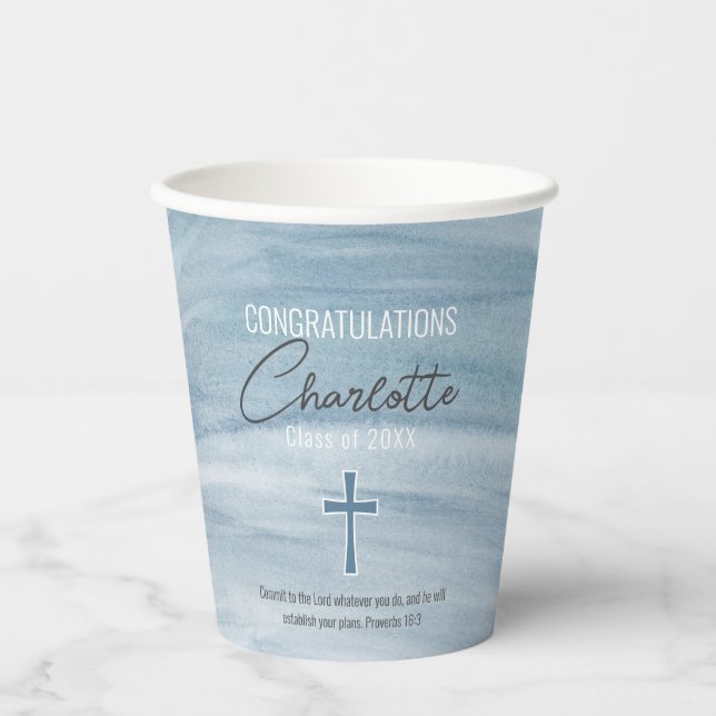 Blue Christian Cross Graduation Pappbecher (Vorderseite)
