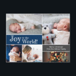 Blue Christmas Baby Joy to the world Foto Collage Postkarte<br><div class="desc">Personalisierte diese Collage Baby Weihnachtsgrüß/Ankündigung Karte mit Ihren Lieblings-Fotos. Die Karte ist perfekt, um Ihre Begeisterung bei der Ankündigung der Geburt Ihres ersten Babys auszudrücken und Ihre Familie Weihnachten Gruß und danke gleichzeitig. Die Wörter, Fotos, Gruß und Abmeldung können bei Bedarf einfach angepasst werden. Blauer und grauer Akzent blockiert. Bitte...</div>