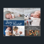Blue Christmas Baby Joy to the world Foto Collage Postkarte<br><div class="desc">Personalisierte diese Collage Baby Weihnachtsgrüß/Ankündigung Karte mit Ihren Lieblings-Fotos. Die Karte ist perfekt, um Ihre Begeisterung bei der Ankündigung der Geburt Ihres ersten Babys auszudrücken und Ihre Familie Weihnachten Gruß und danke gleichzeitig. Die Wörter, Fotos, Gruß und Abmeldung können bei Bedarf einfach angepasst werden. Blauer und grauer Akzent blockiert. Bitte...</div>