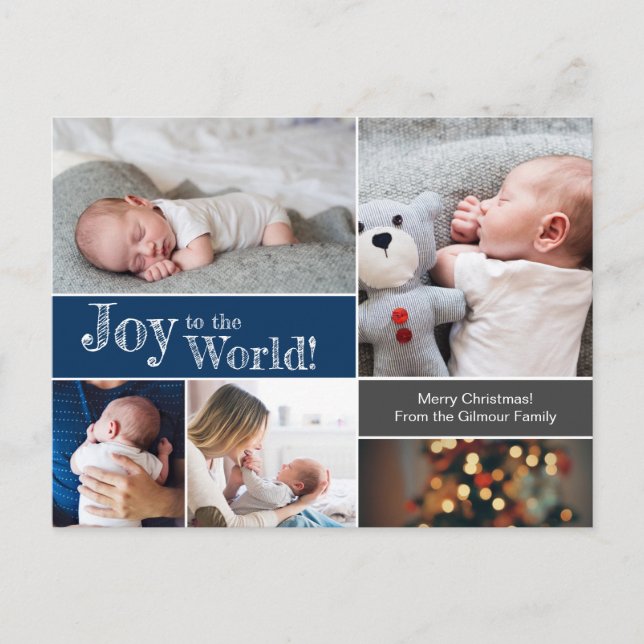 Blue Christmas Baby Joy to the world Foto Collage Postkarte (Vorderseite)