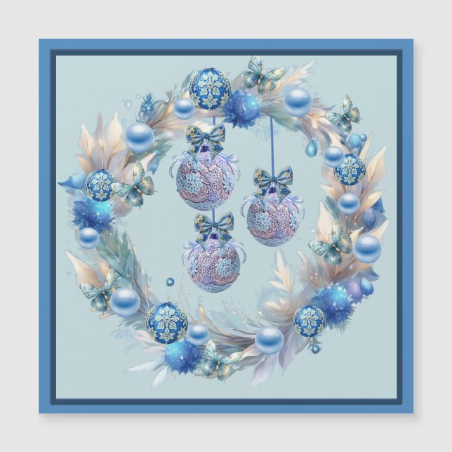 Blue Christmas Ball Wreath Magnetkarte (Vorderseite)