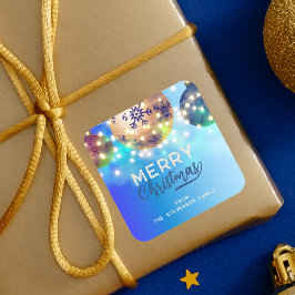 Blue Christmas Baubles Twinkling String Lights Quadratischer Aufkleber