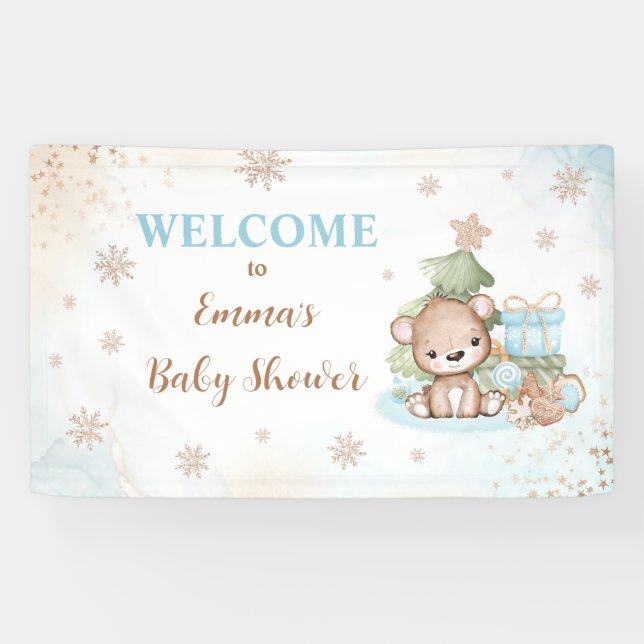Blue Christmas Bear Boy Baby Shooting Banner (Horizontal)