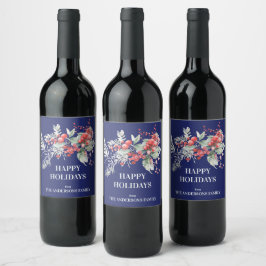 Blue Christmas Berry Garland Wine Label Weinetikett
