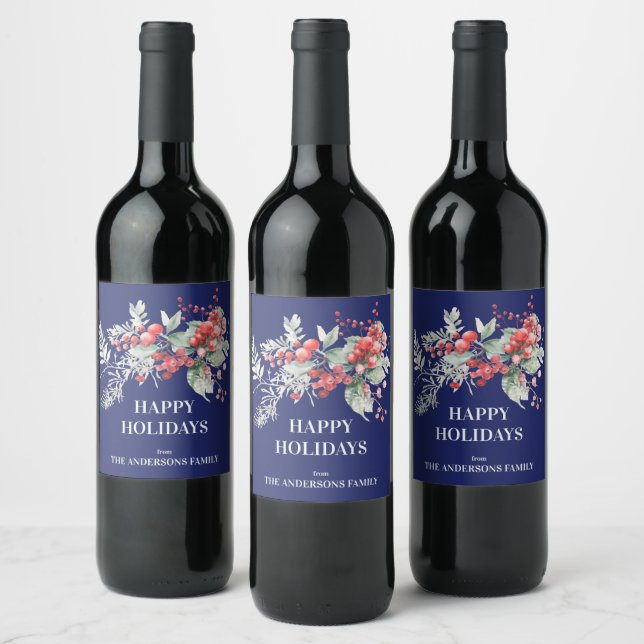 Blue Christmas Berry Garland Wine Label Weinetikett (Flaschen)