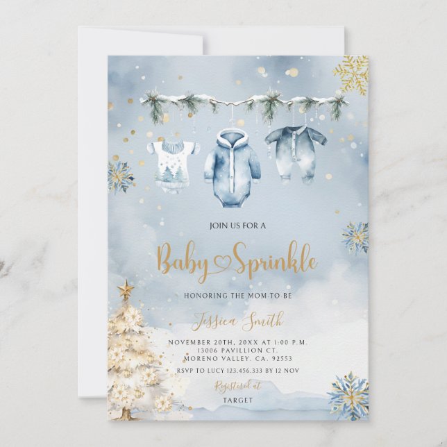 Blue Christmas Boy Baby Clothes Baby Sprinkle Einladung (Vorderseite)