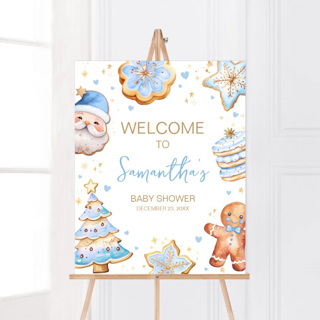 Blue Christmas Cookie Willkommen Poster (Boy A Little Cookie Baby Shower Welcome Sign)