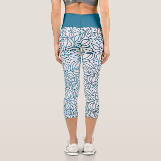 Blue Christmas Floral Pattern Capri Leggings