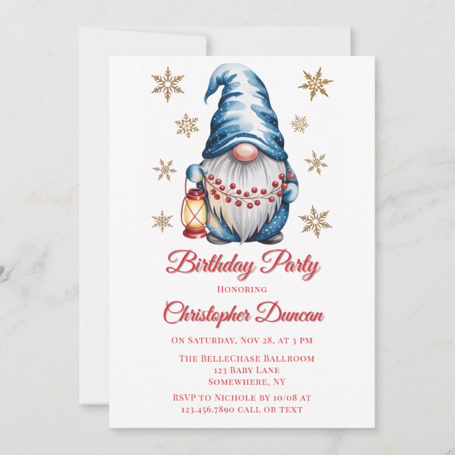 Blue Christmas Gnome Boy Birthday Party Einladung (Vorderseite)