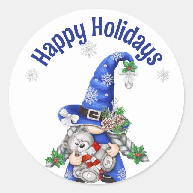 Blue Christmas Gnome mit Teddy Bear Runder Aufkleber (Vorderseite)