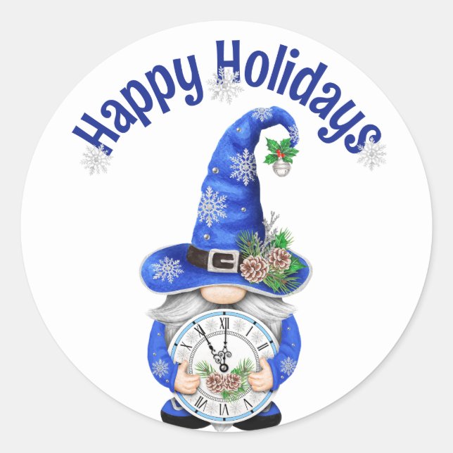 Blue Christmas Gnome mit Uhr Runder Aufkleber (Vorderseite)