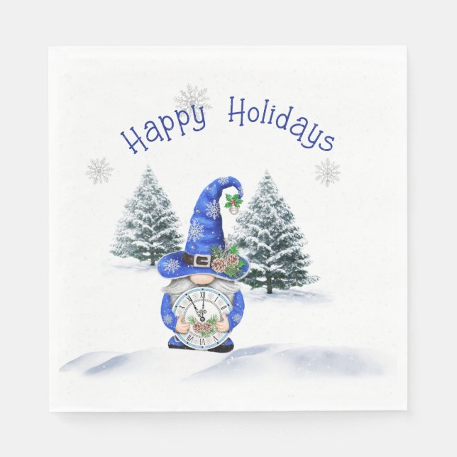 Blue Christmas Gnome mit Uhr Serviette (Vorderseite)